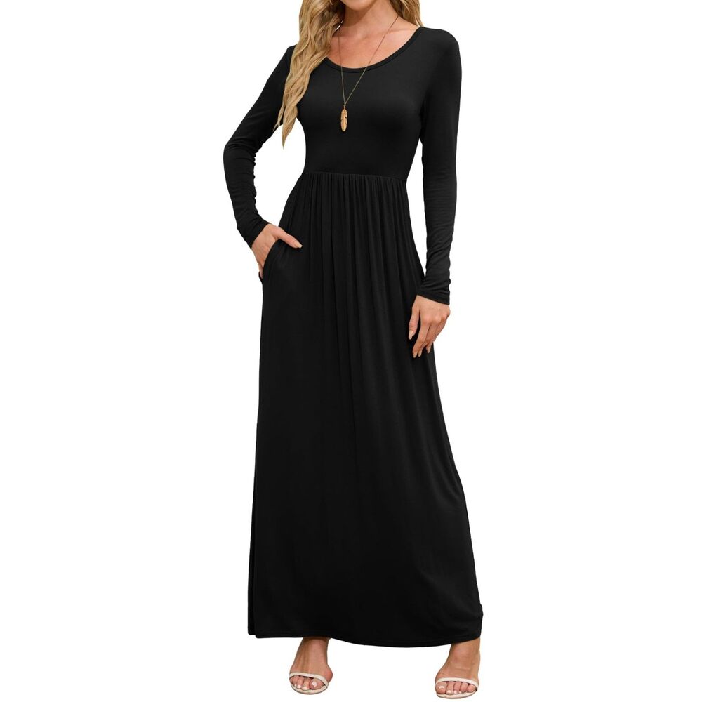 Maxi Dress Round Neck Long Sleeve with Pocket (Black, Small)
